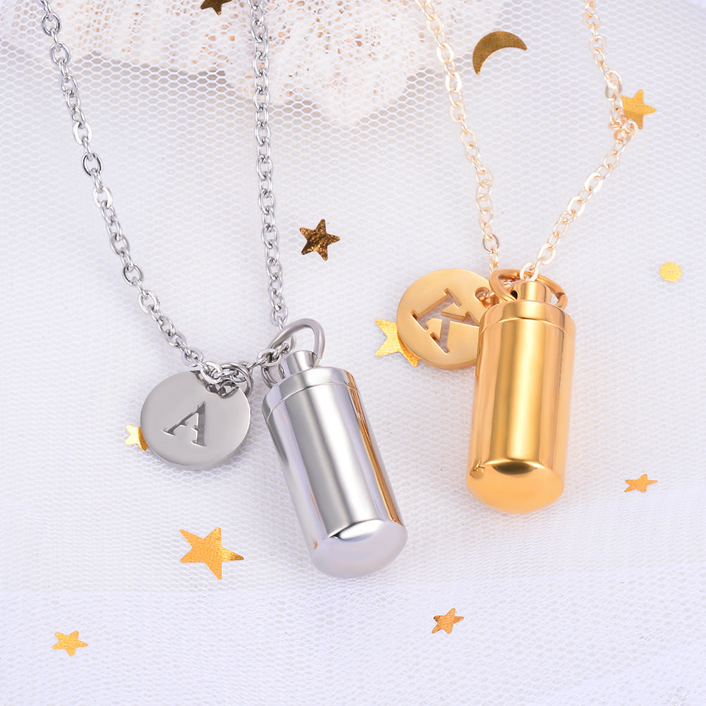 Small Cylindrical Ashes Souvenir Pendant Necklace With Letters Souvenir