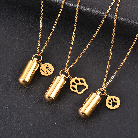 Stainless Steel Small Cylinder Plated Gold Silver Pet Urn Memorial Necklace