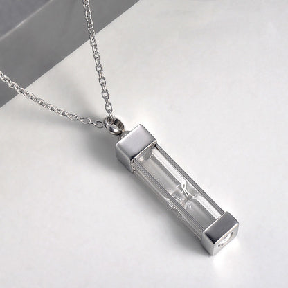 Stainless Steel Square Column Steel Color Hourglass Perfume Bottle Pendant Urn Commemorative Necklace