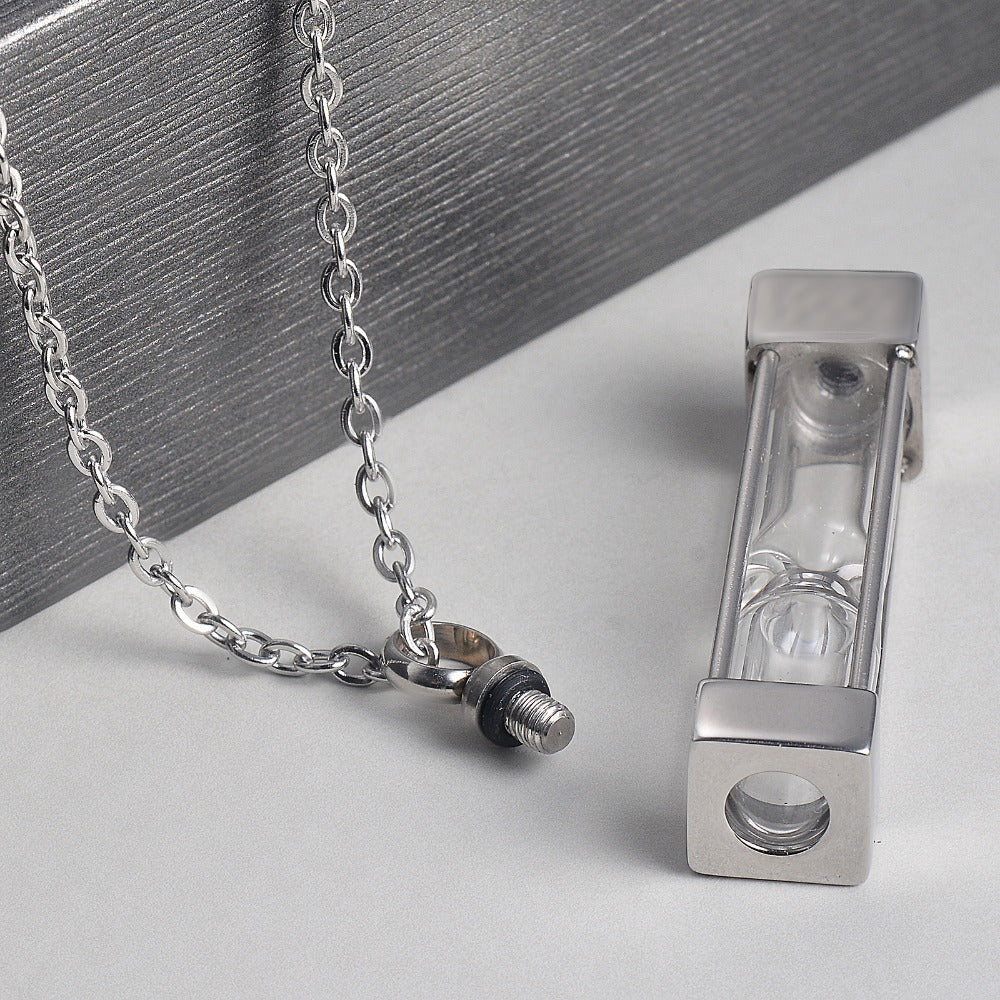 Stainless Steel Square Column Steel Color Hourglass Perfume Bottle Pendant Urn Commemorative Necklace